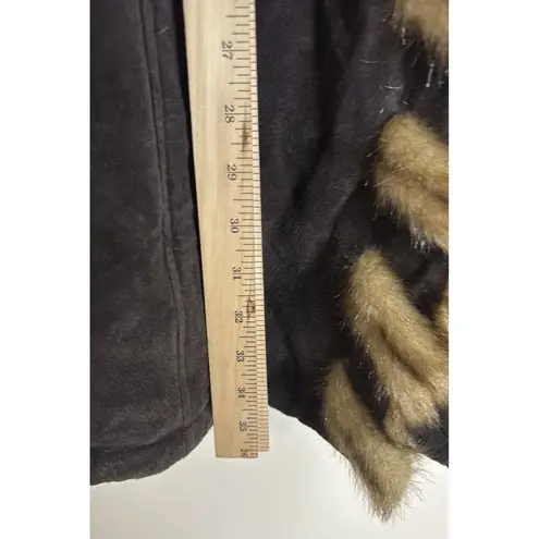 Dennis Basso Coat Womens 2X Brown Leather Faux Fur Trim Hooded Button Long