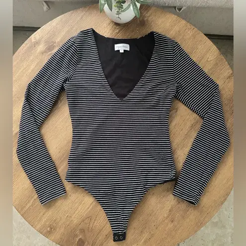 Privacy Please Revolve Black and White Striped long sleeve Bodysuit Size Small