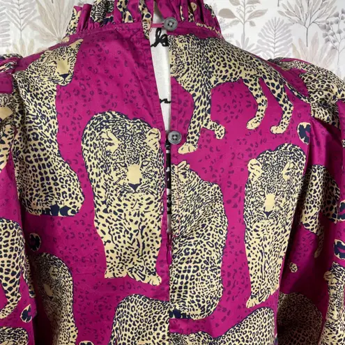 Tyler Böe Leopard Cheetah Print Ruffle Hem Dress Pink Magenta Puff Sleeve XS