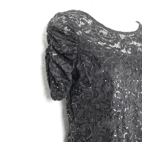 Marina Ruched Sleeves Lace Sequins Dress Size S V Neck Short Sleeve Black