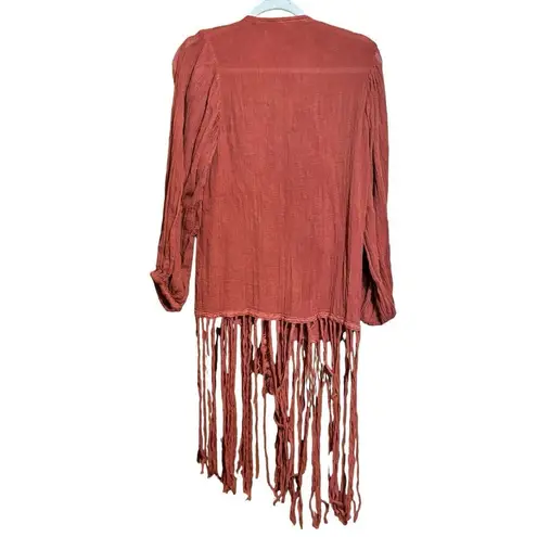 Jen's Pirate Booty Cardigan Womens XS Small Orange Fringe Boho Gauze Sweater