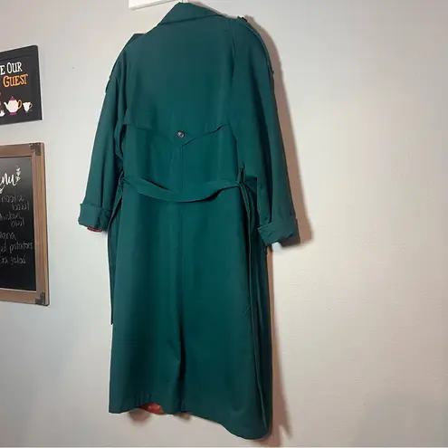 Vintage Double Breasted Trench Coat Womens Teal Green Size 12 Lined Long Belted