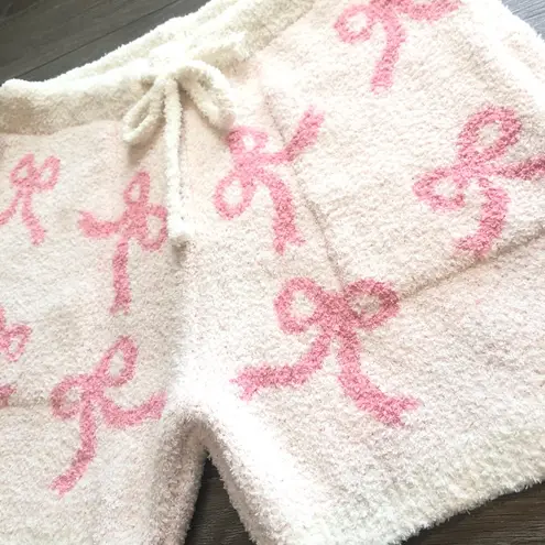 Comfy Luxe High Waisted White & Pink Bow Print Loungewear Shorts Womens Size M/L