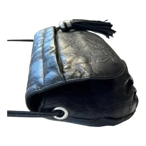Vintage Crossbody Black Leather Bag Purse Floral Embossed Leather with Tassel