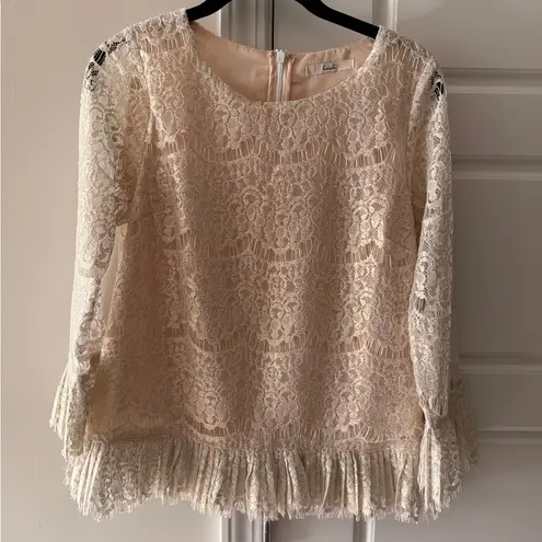 Cream Lace Lined Top With Fringe Details Delicate Sz 2 Evening Party Whimsy Gold