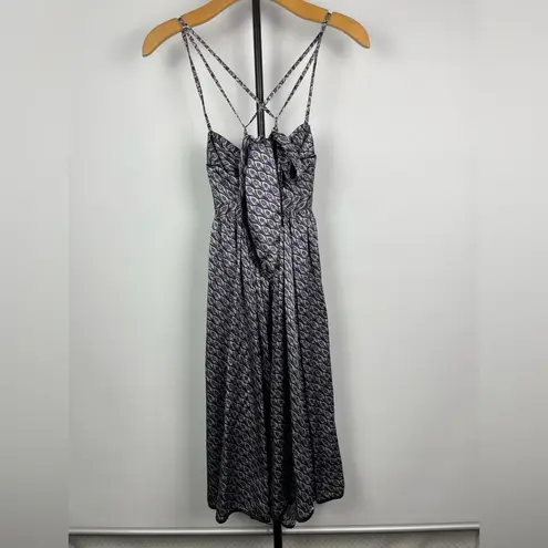 Anne Leman Black Purple Peacock Feather Print Strappy 100% Silk Flowy Dress Size 2