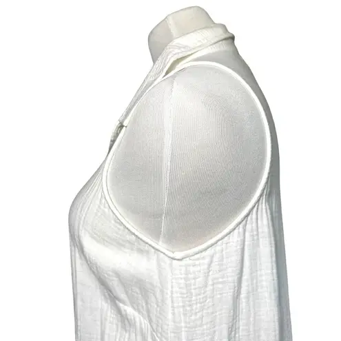 Monrow Gauze Cotton Henley Halter Collared Button Sleeveless Dress White Small