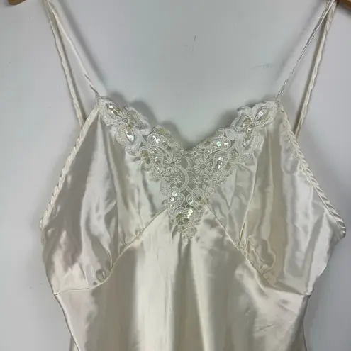 Vtg Y2K Cinema Etoile Satin Slip Cami Tank Embellished Lace Sz Large White