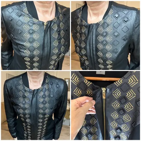 Peter Nygard black faux leather and knit embellished zipper jacket sz S