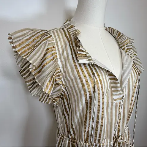 Oliphant Design 100% Cotton Gold Stripe Flutter Sleeve Dress Women’s Size Small