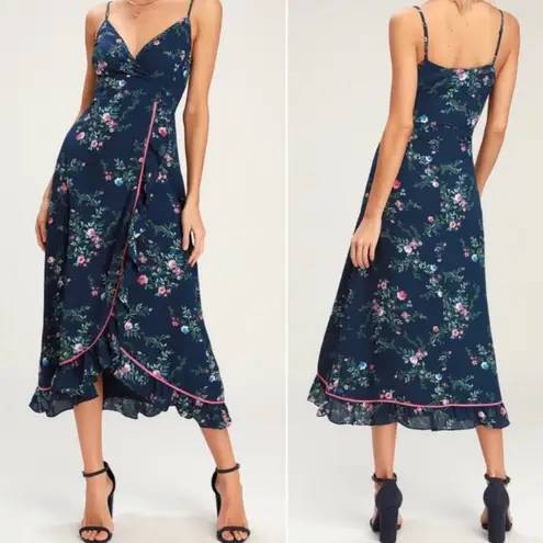 ValMarie Floral Navy Wrap Midi Dress Medium