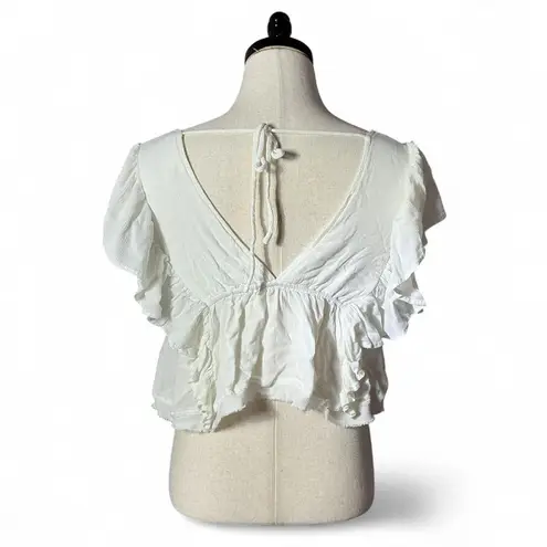 Newbury Kustom White Ruffle Crop Top V-Neck Button Front Flutter Sleeve Small
