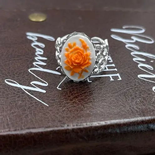 Neon Orange Rose Floral Oval Cameo Silver Stainless Steel Open Back Ring