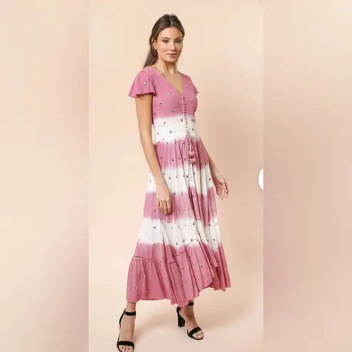 GOA Paris Blue & White Asymmetric Hem V Neck Midi Dress Floaty Fairycore Sz M Size M