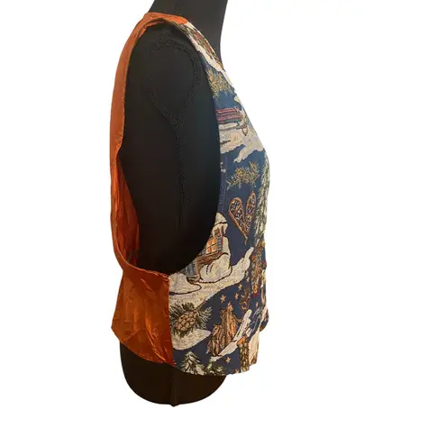 Vintage Backroad Blues Tapestry Cabin Scene Vest USA Made Large Winter Christmas Blue