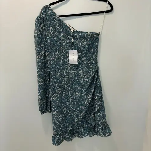 WAYF Michelyne Blue Paisley Mini Dress One Shoulder Ruffled Ruched Formal NWT