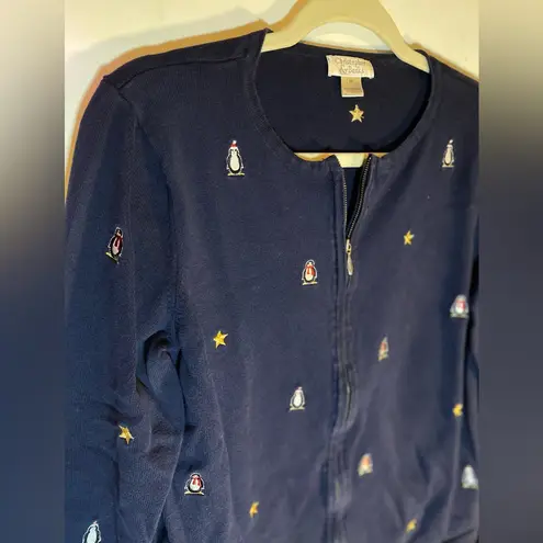 Christopher & Banks Navy Blue Embroidered Full-Zip Penguin Cardigan Medium