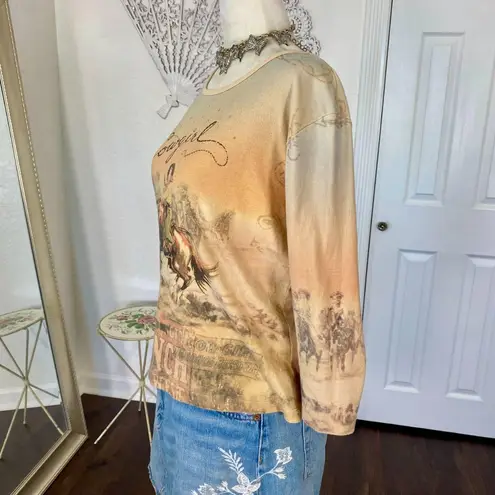 Vintage Tan Brown Early 2000's Western Cowboy Graphic Print Long Sleeve Top L Size L