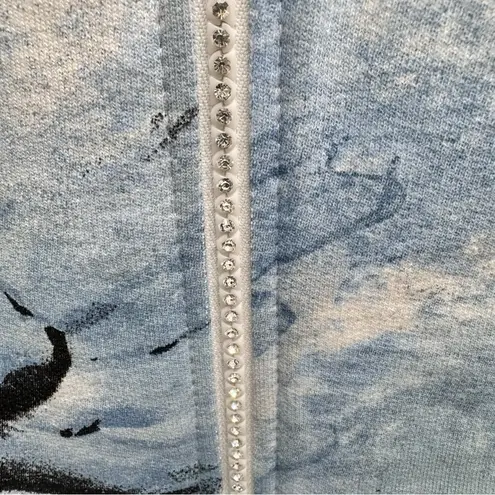 Jess & Jane Wind Poems Blue Floral Rhinestone Zipper Knit Jacket Size Medium White