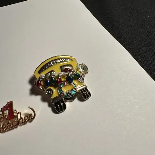 Lot Of 2 Brooch Pins #1 Teacher & Christmas Holiday School Bus Gold Tone
