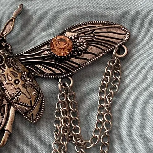 22” Necklace Silver Tone Beetle Pendant 4.5”W Stones Steampunk Goth Gothic