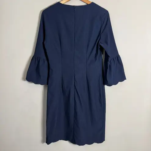J. McLaughlin Elle Sheath Dress Women's 4 Navy Scalloped Hem Bell Sleeves Career