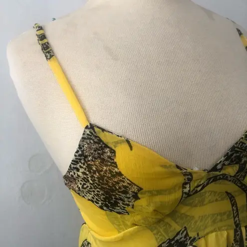 Yellow zebra animal print smocked tiered strappy summer breezy maxi dress sz S