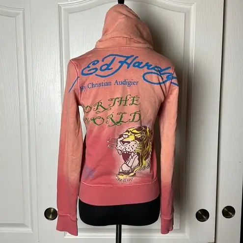 Ed Hardy VTG y2K CHRISTIAN AUDIGIER PINK OMBRE CRYSTAL ZIP UP HOODIE