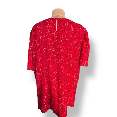Vintage Joseph LeBon Red Silk Sequin Swirl Beaded Blouse Plus Size 26W Evening