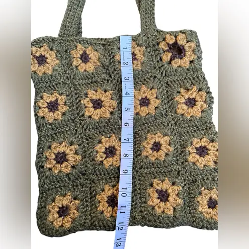Handmade Knitted Sunflower Tote Bag Green Yellow And Brown 12”