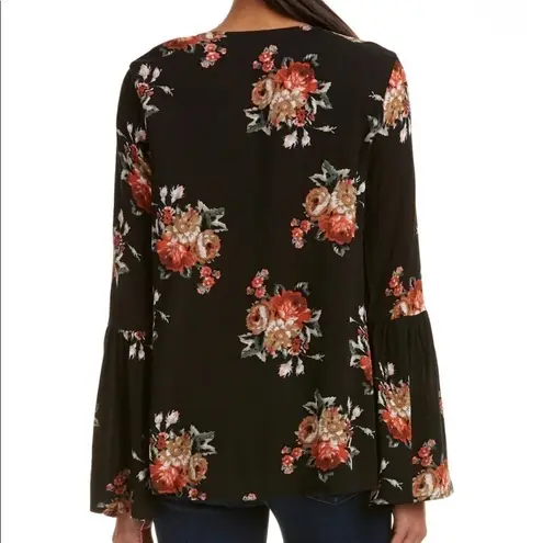 On The Road Black Floral Long Bell Sleeves Tunic Blouse Small
