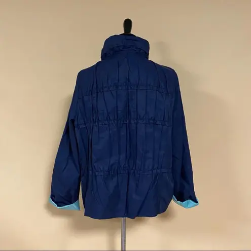 Tahari 🛍️ Navy Blue Mint 3/4 Sleeve Hoodless High Collar Ruffle Frill Jacket L