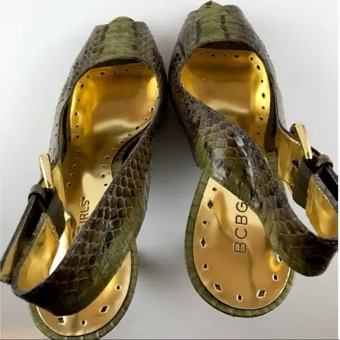 BCBGirls Sling Back Moss-tone Snakeskin Peep-toe