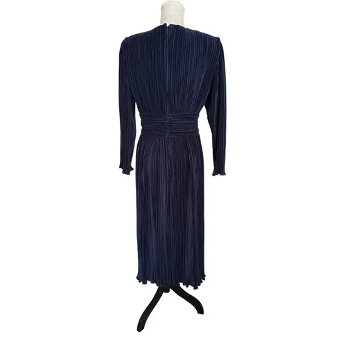 Vintage Navy Blue Pleated Long Sleeve Midi Dress Beaded Waist & V