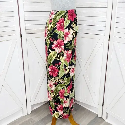 Haggar Vintage Linen Tropical Flower Print Button Front Maxi Skirt Black Pink 8