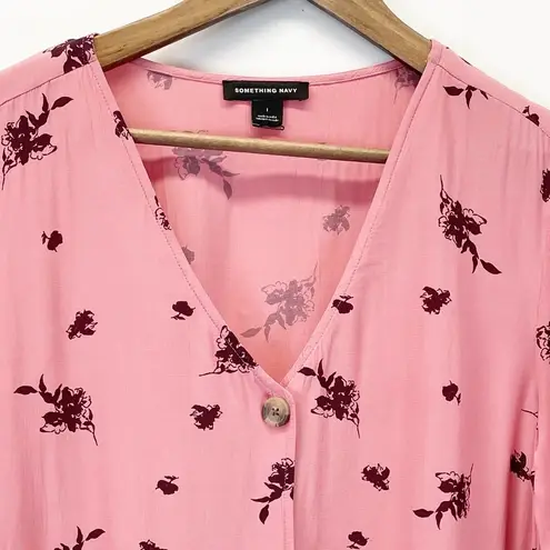 Something Navy  Womens L Short Sleeve Floral Blouse Mauve Pink V-Neck Viscose