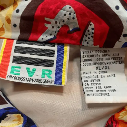 Vintage 90s EVR Silk Bomber Jacket XL Abstract Shoe Print Fall Leaves Colorful Red