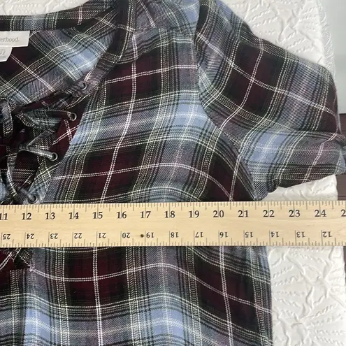 Motherhood  Maternity Plaid Tunic Roll Tap Sleeves V cross string tie  Size Large