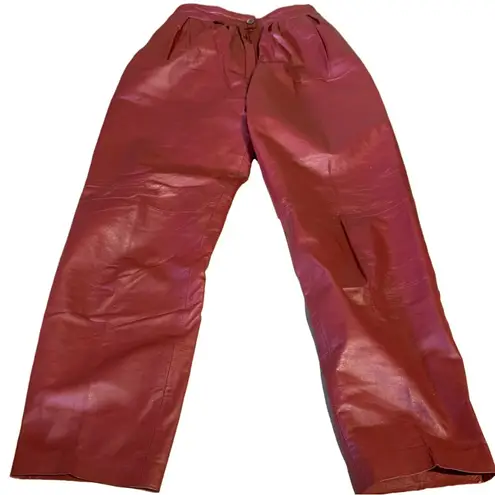 VINTAGE 1980'S REDDISH BROWN LEATHER STRAIGHT LEG PLEATED TROUSERS (XS) Red