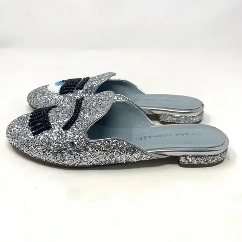 Chiara Ferragni Flirting Silver Glitter Beaded Flat Mules Size 36 / US 6