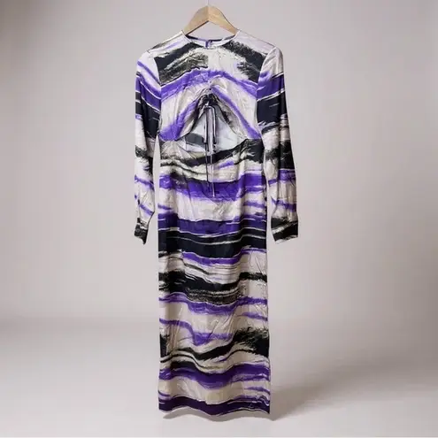 Silk Maison Maxi Dress Medium Purple Black Abstract Print Long Sleeve Cutout Purple
