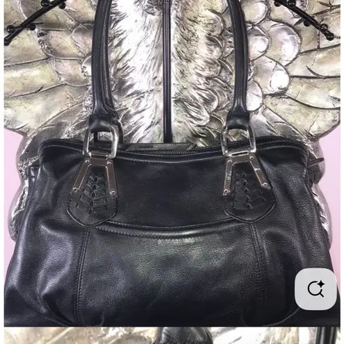 B MAKOWSKY Medium Blk Leather 2 Handle 3 Section Leopard Lining W/ Zippered Area Black