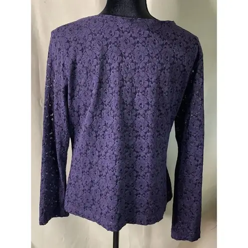 Coldwater Creek Women's Purple Floral Long Sleeve Crochet Lace Top Shirt Medium