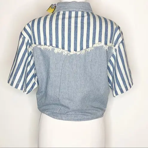 NWT VINTAGE Bonjour striped tie front top fringe Blue Size M