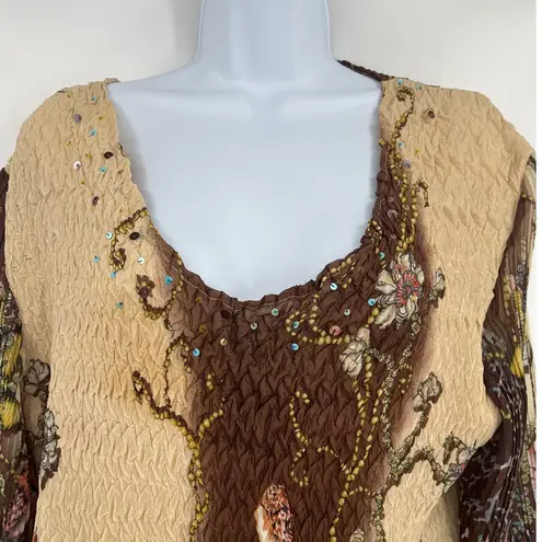 Alberto Makali Chiffon Boho Womens Top Sz L Whimsigoth Sheer Sequin Brown Artsy