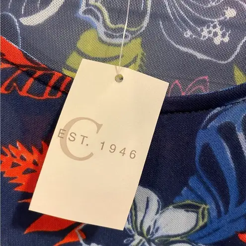 Est. 1946 NWT Tropical Floral Sheer Mesh Ruffle Pom Pom Sleeve Stretch Blouse