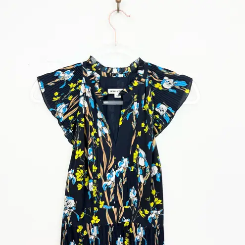 Whistles Celia Iris Print Pleated Dress Navy Floral Blue Size 2