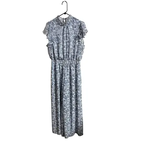 MSK Jumpsuit Women XL Flutter Sleeve Smocked Blue White Wide Leg Wedding Guest