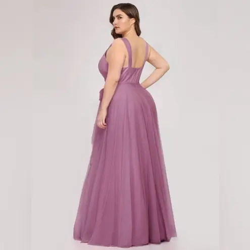 Ever Pretty BURGUNDY Plus Size Double V Neck Maxi Tulle Dress