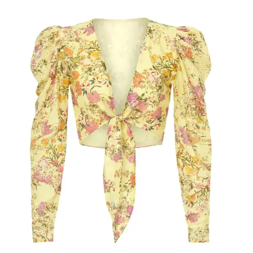 Hemant and Nandita Yellow Floral Crop Top XS Hippie Gypsy Plunging Princess $238